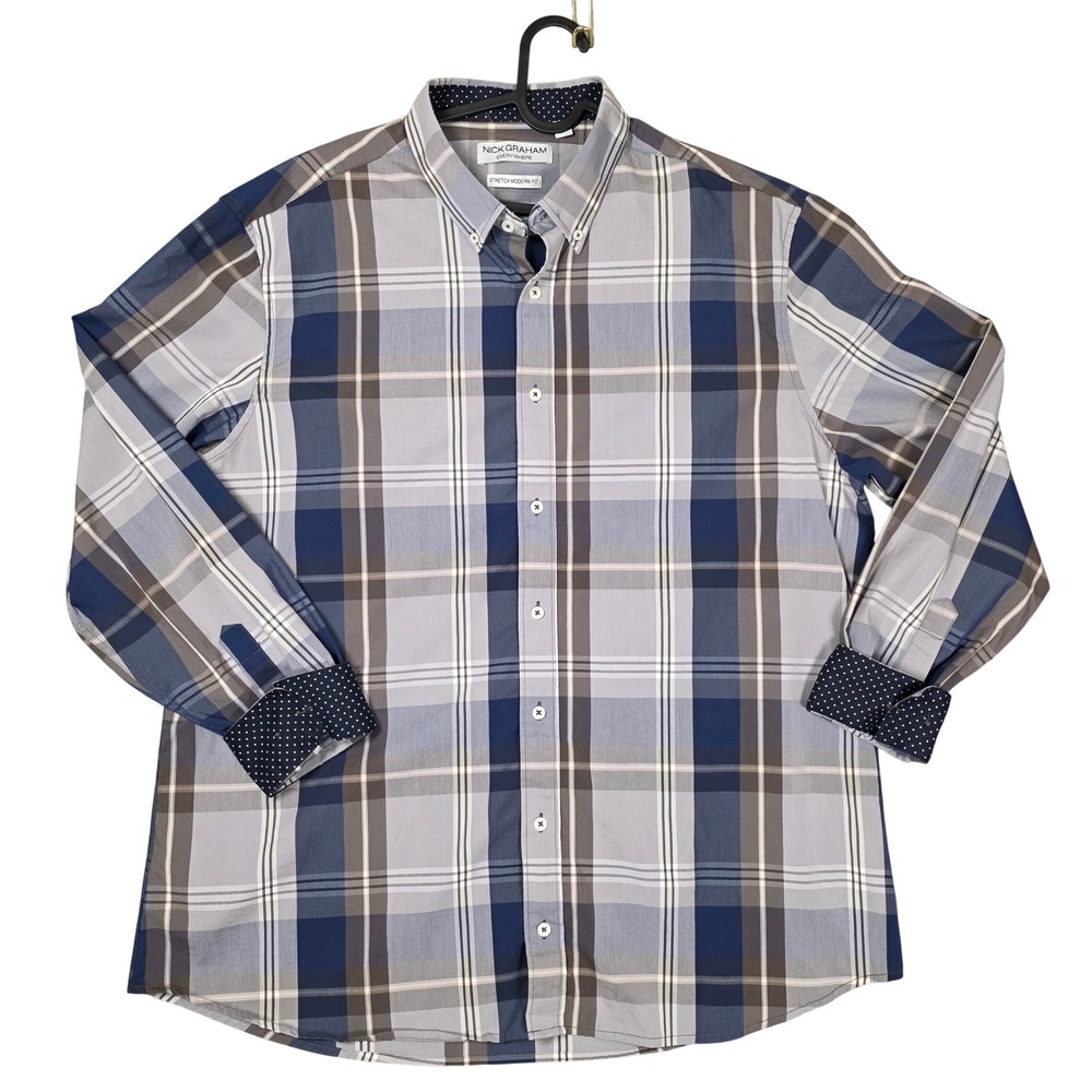 Nick Graham Gray Blue Plaid Stretch Modern Fit Button Down Shirt‎ 2XL